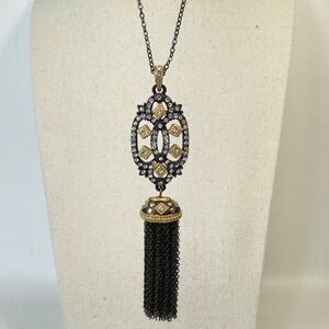 Long Tassel Pendant Necklace Gold-Tone Black‎ Whimsigoth Goth Layering